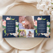 White Magnolia Blush Pink Floral Navy Blue Wedding Dreifach Gefaltete Einladung