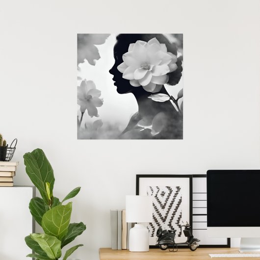 White Magnolia Dreamy Girl Modern Black & White Poster (Heimbüro)