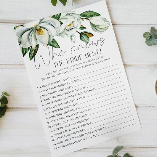 White Magnolia Floral Game, die die Braut kennt Flyer