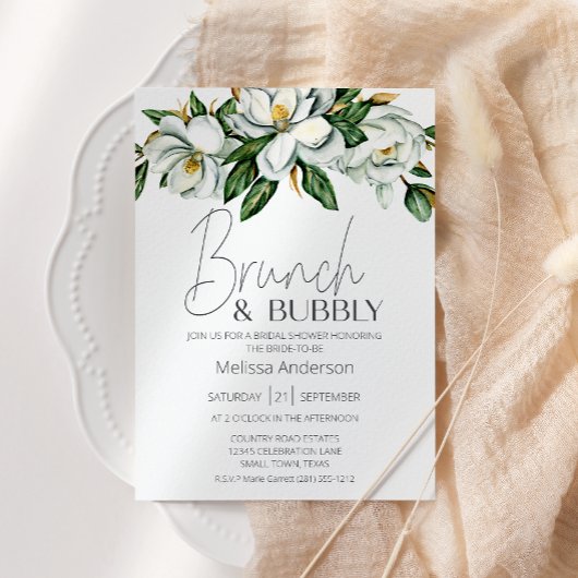 White Magnolia Floral Rustic Bridal Brunch Einladung