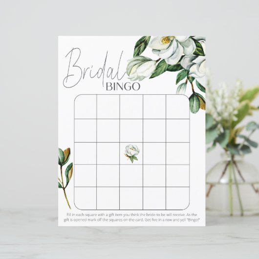 White Magnolia Floral Rustikales Brautparty Bingo (Stehend Vorderseite)