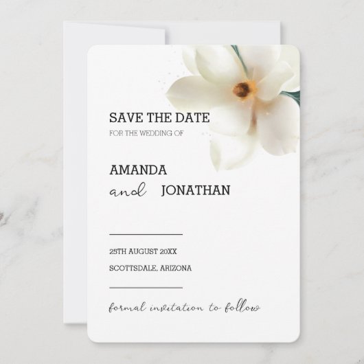 White Magnolia Floral Wedding Save the Date Card Einladung (Vorderseite)
