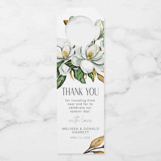 White Magnolia Floral Wedding Vielen Dank Flaschenanhänger (Vorderseite)