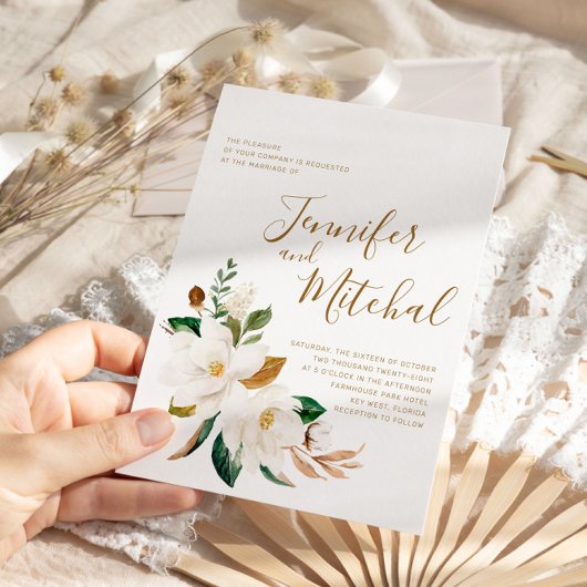 White Magnolia & Gold Floral Minimal Wedding Einladung