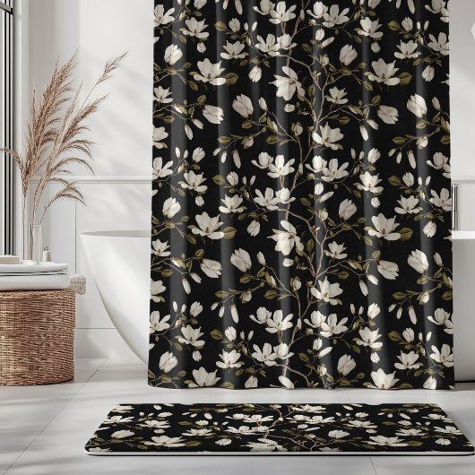 White Magnolia Grove on Black Elegant Floral  Duschvorhang