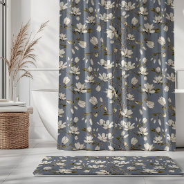White Magnolia Grove on Slate Blue Elegant Floral  Duschvorhang