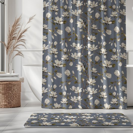 White Magnolia Grove on Slate Blue Elegant Floral  Duschvorhang