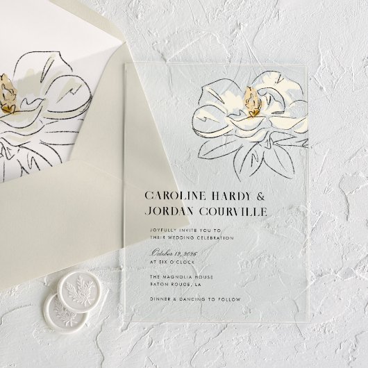 White Magnolia Illustration Moderne Minimale Hochz Acryleinladungen