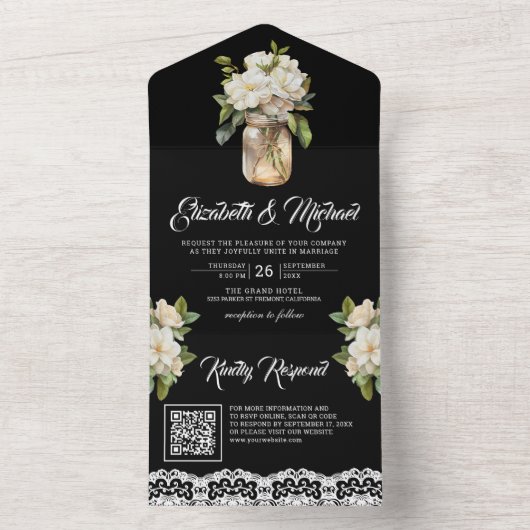 White Magnolia Mason Jar Black QR Code Hochzeit All In One Einladung (Innen Boden)
