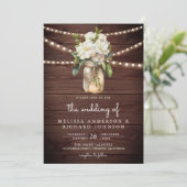 White Magnolia Mason Jar Wood All in One Wedding Einladung (Stehend Vorderseite)