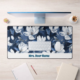 White Magnolia Muster auf Mitternachtschiffon Schreibtischunterlage