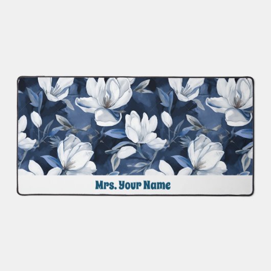 White Magnolia Muster auf Mitternachtschiffon Schreibtischunterlage (Vorderseite)