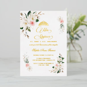 White Magnolia Pink Floral REAL FOIL Quinceañera Folieneinladung