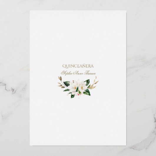 White Magnolia Pink Floral REAL FOIL Quinceañera Folieneinladung (Rückseite)
