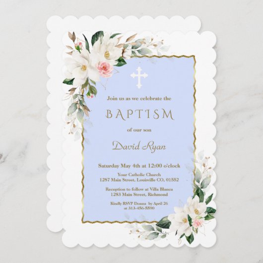 White Magnolia Pink Gold Floral Blue Boy Taufe Einladung (Vorne/Hinten)