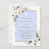 White Magnolia Pink Gold Floral Blue Boy Taufe Einladung (Vorderseite)