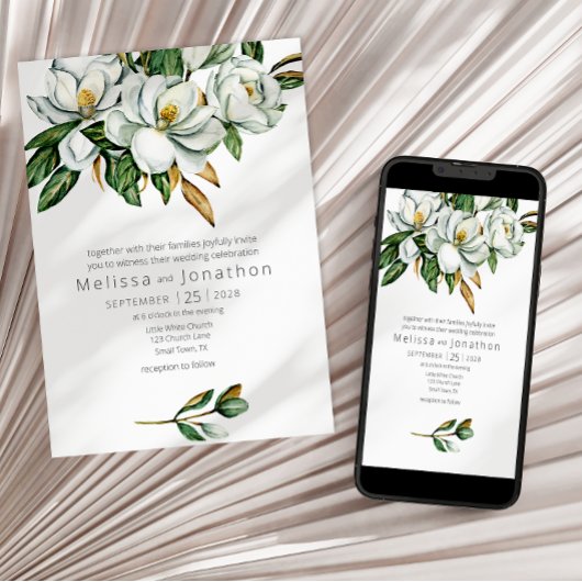 White Magnolia Rustic Floral Wedding Einladung