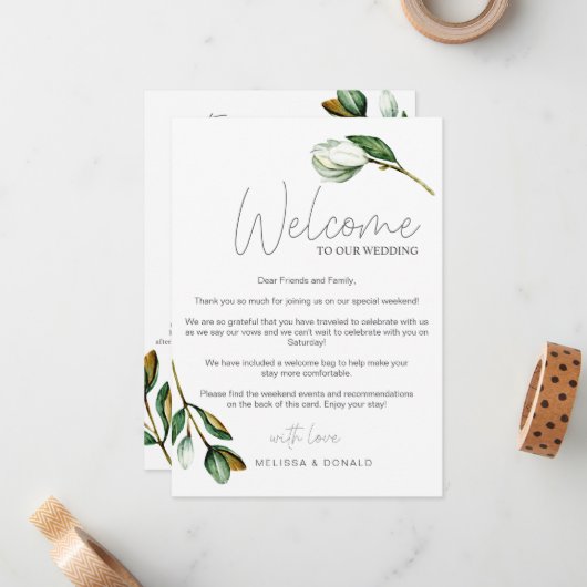 White Magnolia Rustikale Begrüßung & Tour Mitteilungskarte (Vorderseite/Rückseite Beispiel)