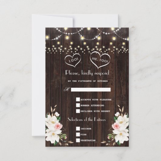 White Magnolia String Lights Old Barn Wedding RSVP Karte (Vorderseite)
