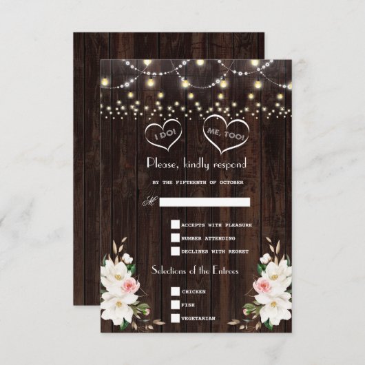 White Magnolia String Lights Old Barn Wedding RSVP Karte (Vorne/Hinten)