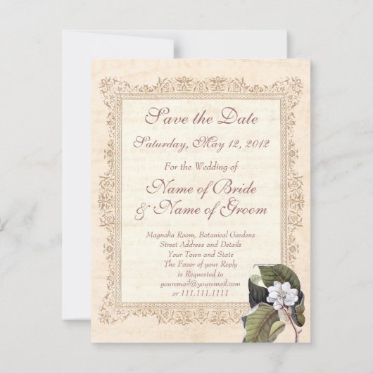White Magnolia Süd Hochzeit retten Datum Save The Date (Rückseite)