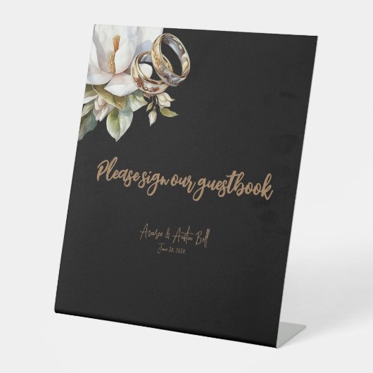 White Magnolia Wedding Rings Sign Unser Gästebuch Sockelschild (Vorderseite)