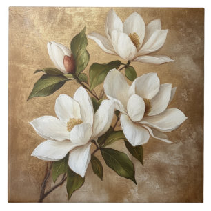 White Magnolias auf Gold Hintergrund Fliese