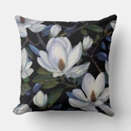 White magnolias on black pattern kissen