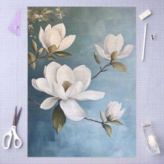 White Magnolias on Blue Decoupage Tissue Paps Seidenpapier (Basteln)