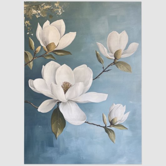White Magnolias on Blue Decoupage Tissue Paps Seidenpapier (Vorderseite)