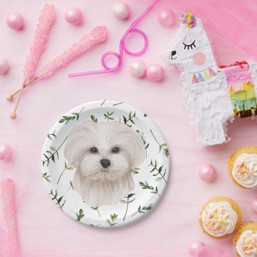White Maltese Dog Greenery Boho Baby Shower Pappteller (Party)