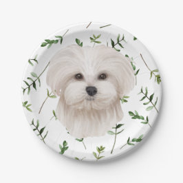 White Maltese Dog Greenery Boho Baby Shower Pappteller