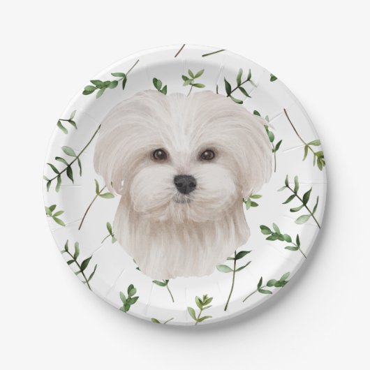 White Maltese Dog Greenery Boho Baby Shower Pappteller (Vorderseite)
