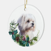 White Maltese Dog Portrait Holly Wreath Keramik Ornament (Links)