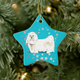 White Maltese Hund Silver Stars Aquamarin Weihnach Keramik Ornament