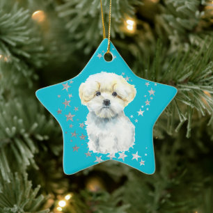 White Maltese Hund Silver Stars Aquamarin Weihnach Keramik Ornament
