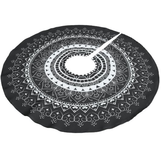 White Mandala Black Polyester Weihnachtsbaumdecke (Schrägansicht)