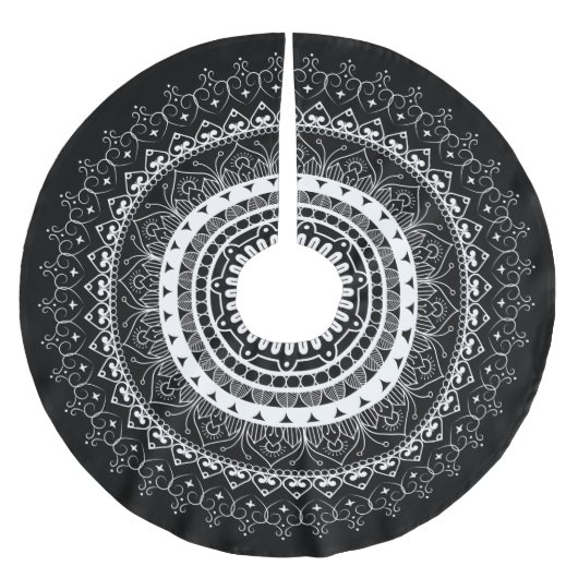 White Mandala Black Polyester Weihnachtsbaumdecke (Vorderseite)