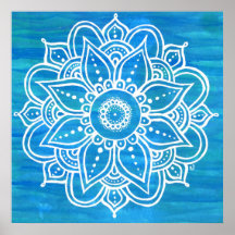 White Mandala Watercolor Blue Green Waves