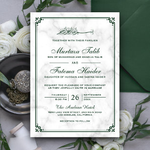 White Marble and Green Border Muslim Wedding Einladung