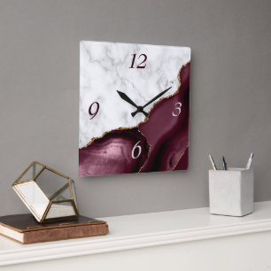 White Marble Burgundy Agate Gold Glitter Quadratische Wanduhr