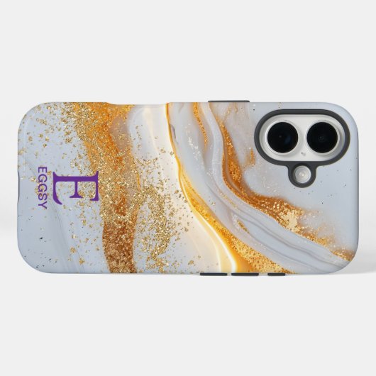 White marble chic gold glitter monogram Case-Mate iPhone hülle (Rückseite (Horizontal))