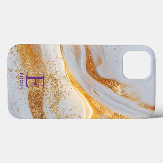 White marble chic gold glitter monogram Case-Mate iPhone hülle (Rückseite (Horizontal))