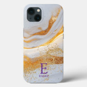 White marble chic gold glitter monogram Case-Mate iPhone hülle (Rückseite)