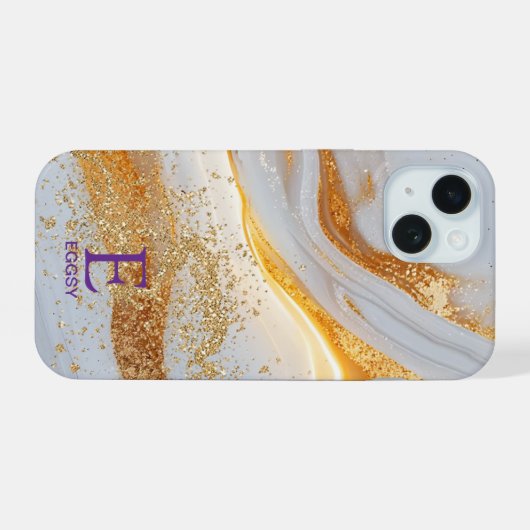 White marble chic gold glitter monogram iPhone 15 hülle (Rückseite (Horizontal))