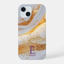 White marble chic gold glitter monogram iPhone 15 hülle