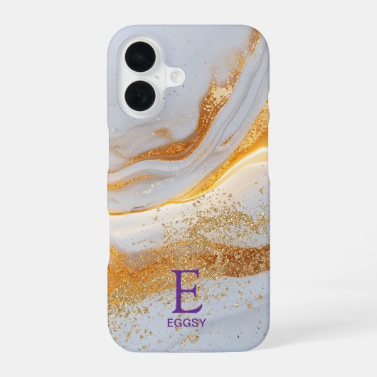 White marble chic gold glitter monogram iPhone 16 hülle (Rückseite)