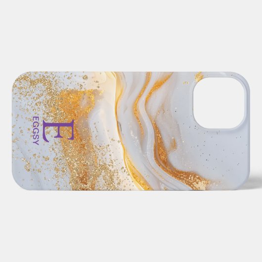 White marble chic gold glitter monogram iPhone hülle (Rückseite (Horizontal))