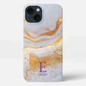 White marble chic gold glitter monogram iPhone hülle (Rückseite)