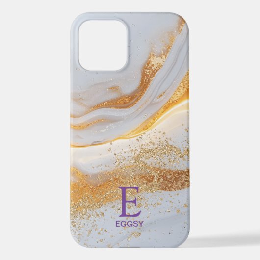 White marble chic gold glitter monogram iPhone hülle (Rückseite)